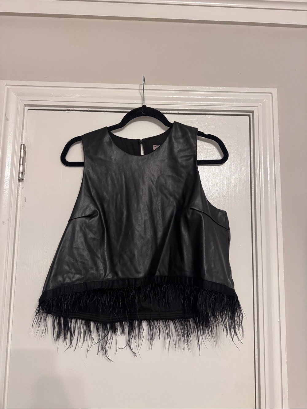 Hutch Black Faux Leather Feather-Trim Crop Top